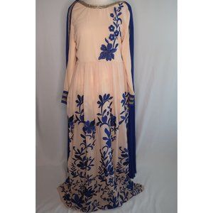 Cream Blue Floral Gold Cape LARP Medieval Renaissance Dress Sz L